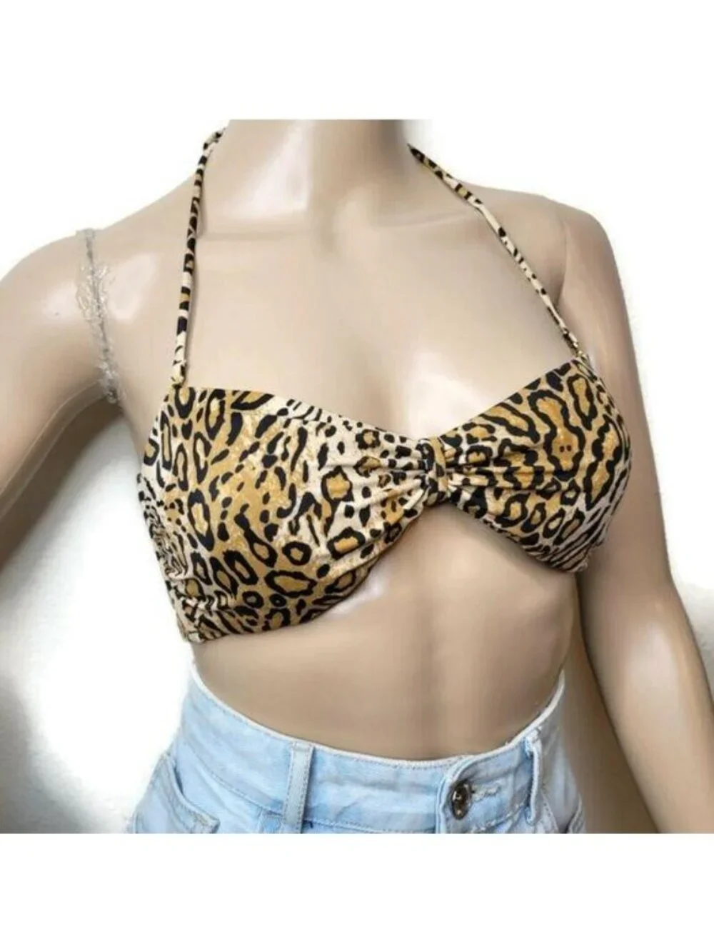 Victorias Secret Leopard Print Halter Bikini Top Tie Back Swimwear size medium